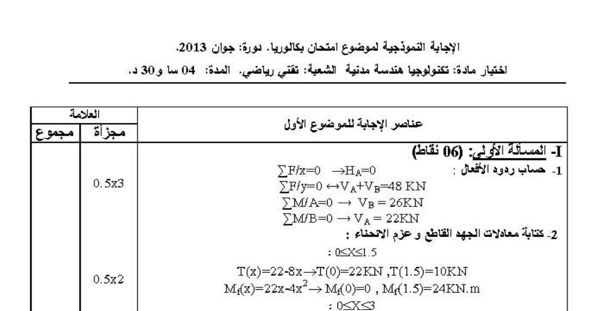 رأس الصفحة الأولى من تصحيح اختبار التكنولوجيا هندسة مدنية شعبة تقني رياضي بكالوريا 2013 المسألة الأولى والثانية