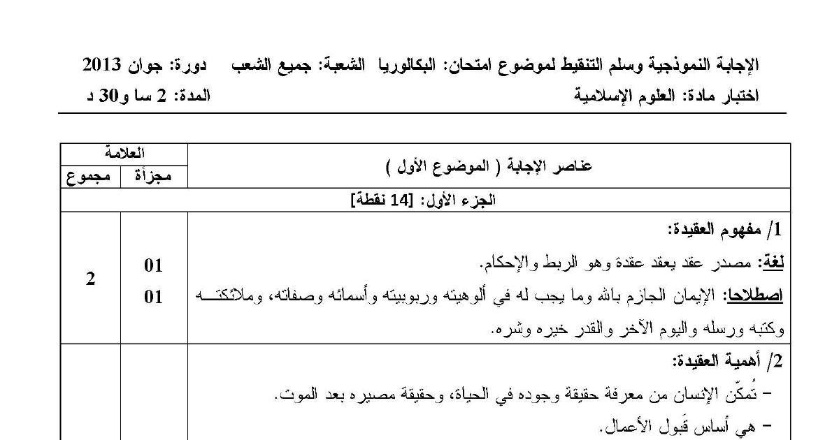 رأس الصفحة الأولى من تصحيح اختبار مادة العلوم الإسلامية بكالوريا 2013 جميع الشعب