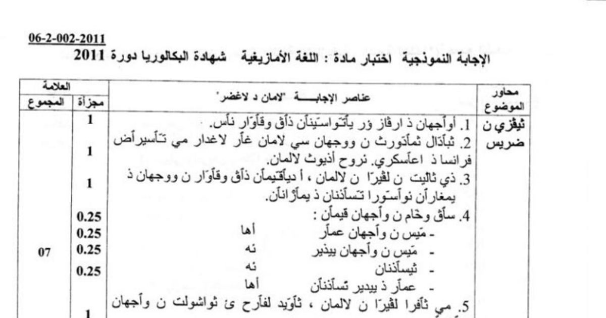 رأس الصفحة الأولى من تصحيح الإجابة النموذجية لامتحان البكالوريا في مادة اللغة الأمازيغية كل الشعب دورة 2011