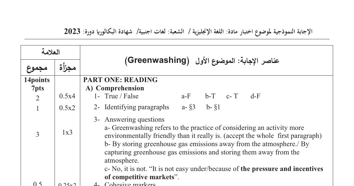 رأس الصفحة الأولى من تصحيح موضوع اختبار اللغة الإنجليزية شعبة لغات أجنبية بكالوريا 2023 التلاعب الأخضر