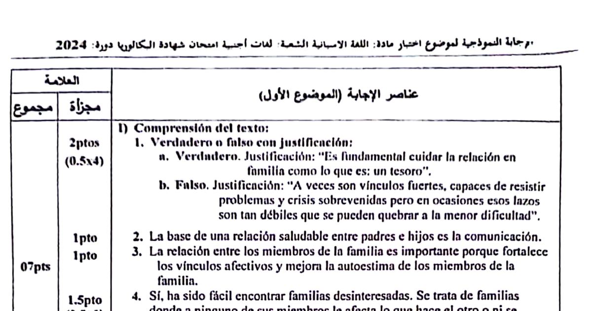رأس الصفحة الأولى من تصحيح موضوع امتحان اللغة الإسبانية شعبة لغات أجنبية بكالوريا 2024 العلاقات العائلية