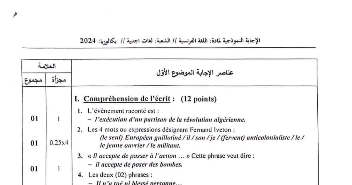 رأس الصفحة الأولى من تصحيح موضوع اللغة الفرنسية شعبة لغات أجنبية بكالوريا 2024 Fernand Iveton