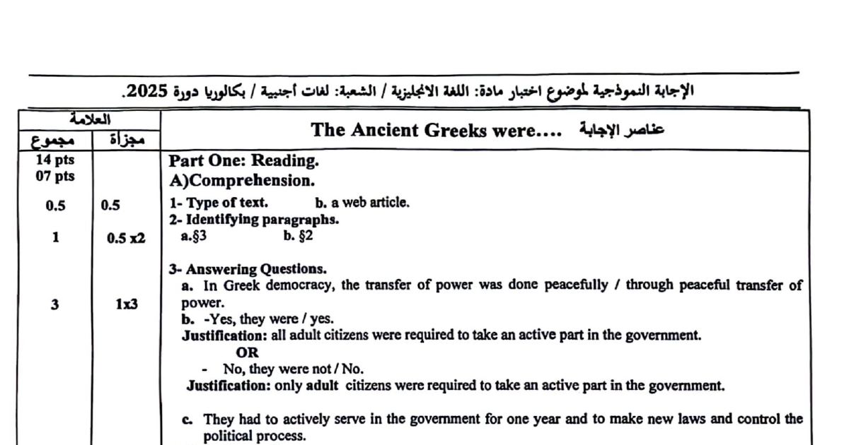 رأس الصفحة الأولى من تصحيح موضوع امتحان اللغة الإنجليزية شعبة لغات أجنبية بكالوريا 2025