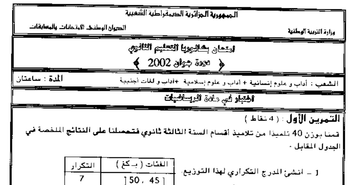 رأس الصفحة الأولى من اختبار بكالوريا الرياضيات – السنة الثالثة ثانوي: المتتاليات الحسابية ودراسة تغيرات دالة والمدرج التكراري