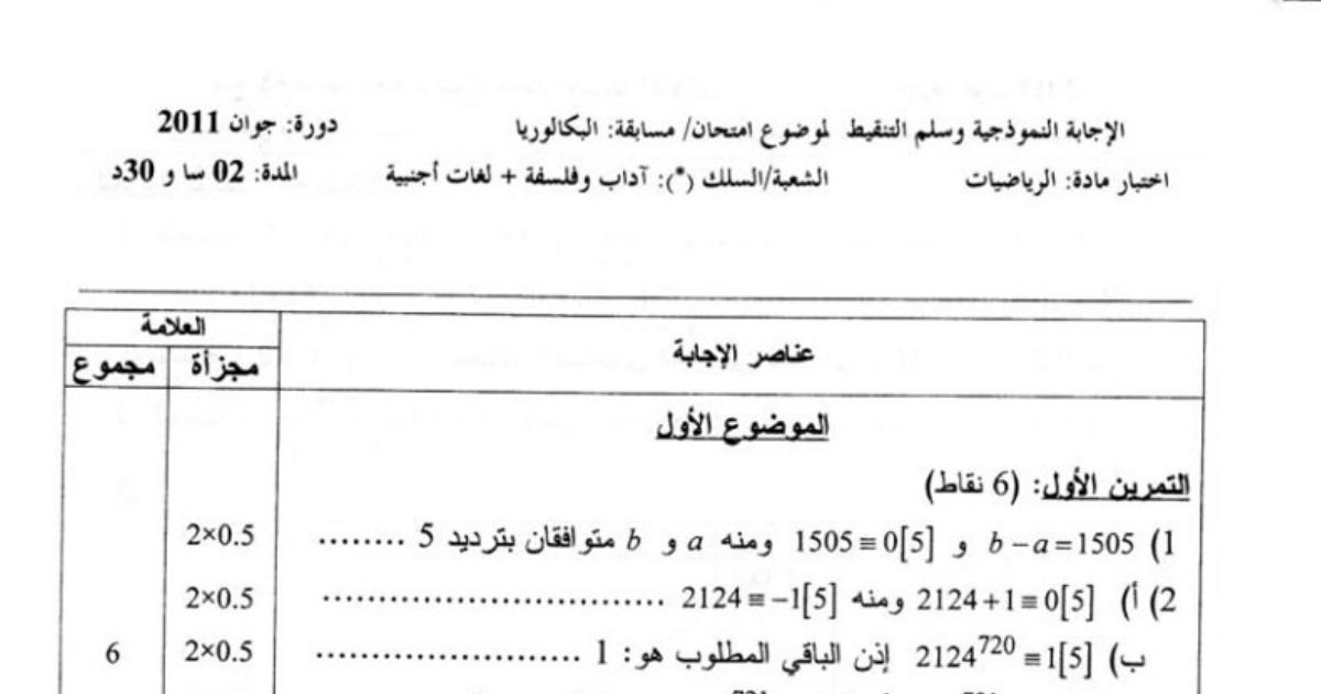 رأس الصفحة الأولى من الإجابة النموذجية مع سلم التنقيط في الرياضيات — بكالوريا 2011 شعبة آداب وفلسفة ولغات أجنبية
