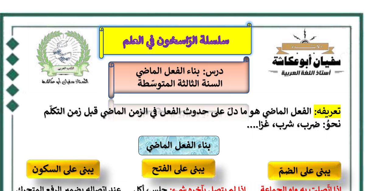 رأس الصفحة الأولى من درس بناء الفعل الماضي في اللغة العربية - السنة الثالثة متوسط