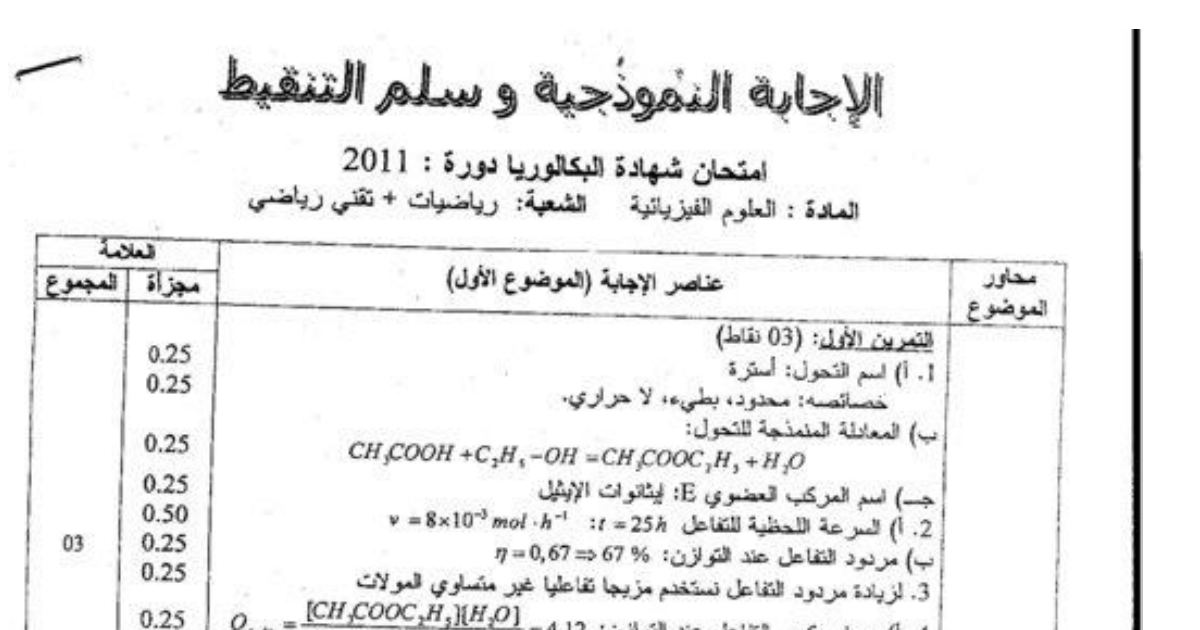 رأس الصفحة الأولى من تصحيح موضوع امتحان بكالوريا الجزائر فيزياء السنة الثالثة ثانوي 2011 شعبة رياضيات وتقني رياضي: عناصر الإجابة