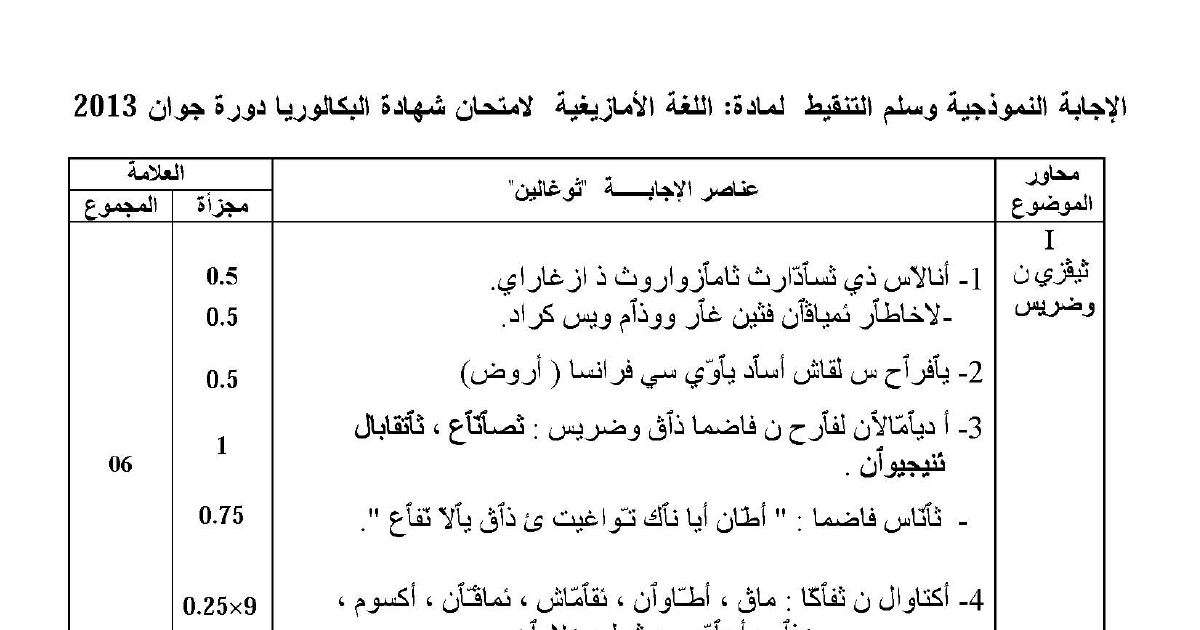 رأس الصفحة الأولى من تصحيح امتحان مادة اللغة الأمازيغية بكالوريا 2013 جميع الشعب