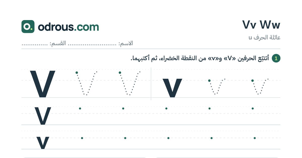 رأس الصفحة الأولى من حروف الإنجليزية Vv وWw للسنة الثالثة ابتدائي: تتبع وكتابة