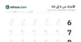 رأس الصفحة الأولى من الأعداد من 6 إلى 10 للقسم التحضيري: تتبع وكتابة