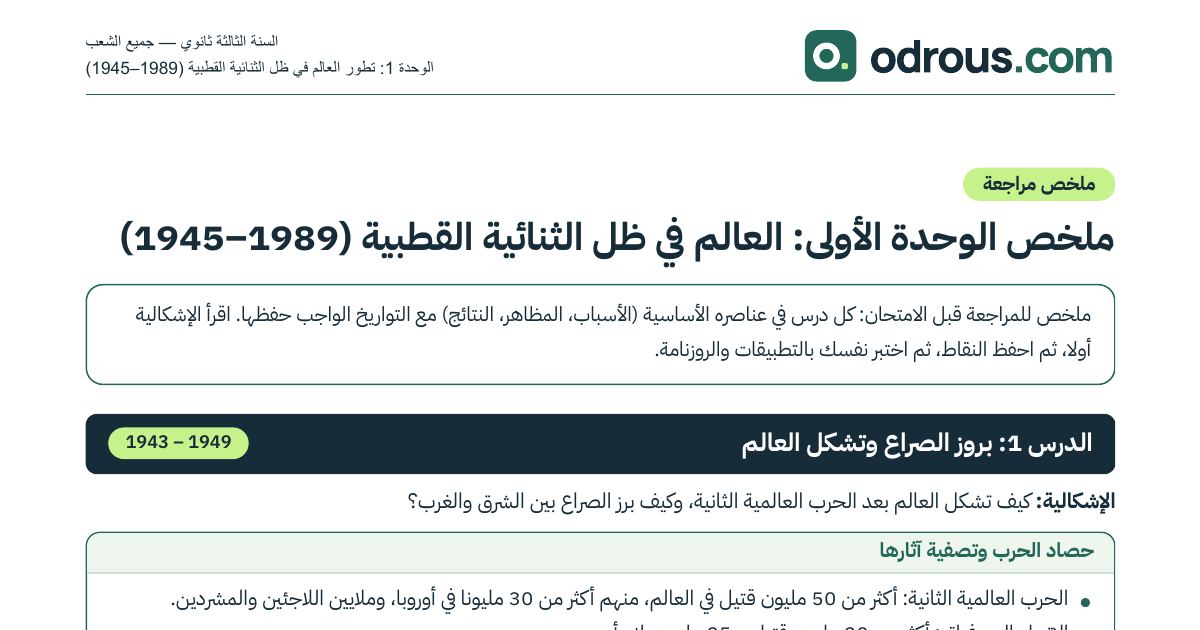رأس الصفحة الأولى من ملخص الوحدة الأولى تاريخ 3 ثانوي: الثنائية القطبية 1945–1989