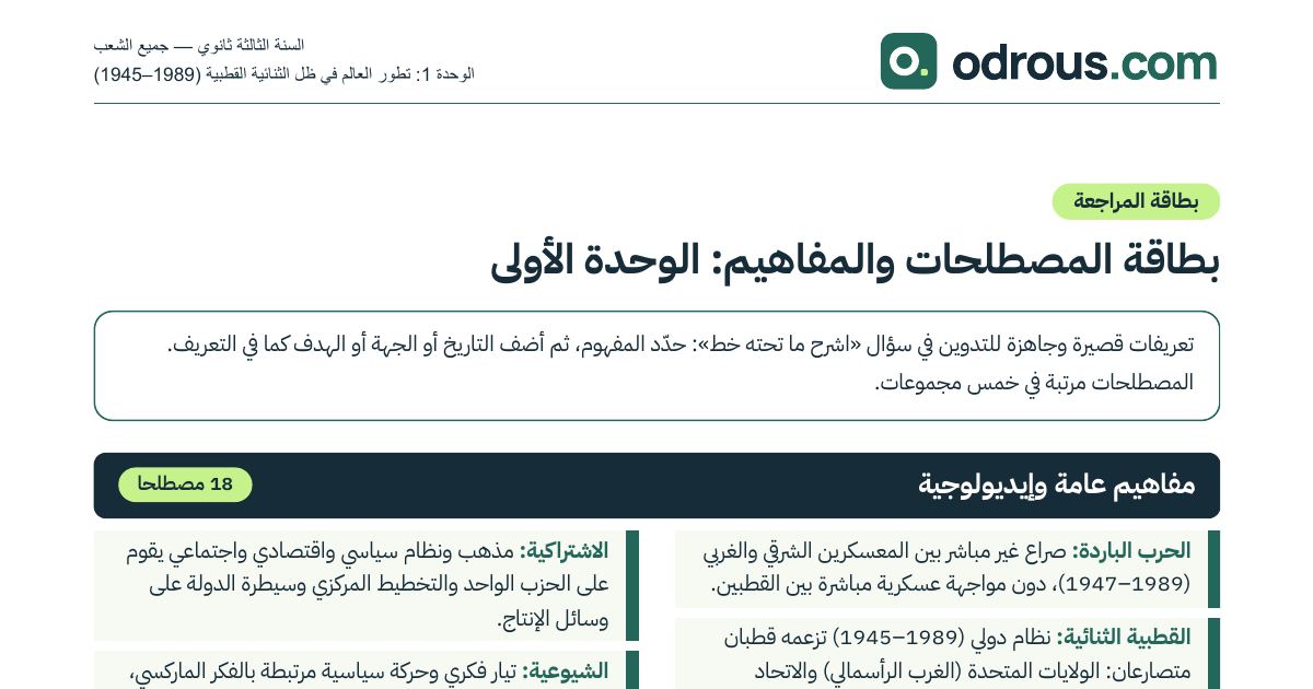 رأس الصفحة الأولى من مصطلحات ومفاهيم الوحدة الأولى تاريخ 3 ثانوي مع التعريفات
