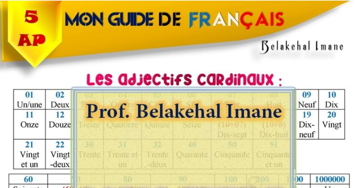 رأس الصفحة الأولى من ملخص جميع دروس اللغة الفرنسية للسنة الخامسة ابتدائي: الأعداد والألوان والتصريف والمشاريع الثلاثة