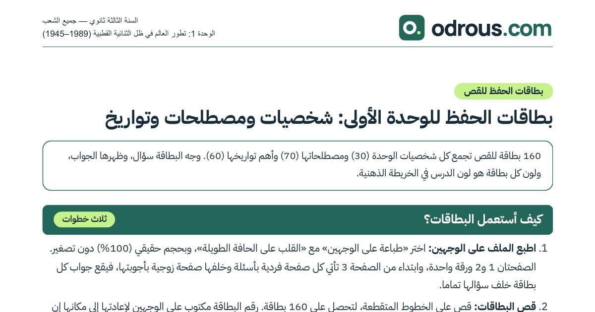 رأس الصفحة الأولى من بطاقات حفظ الوحدة الأولى تاريخ 3 ثانوي للقص والمراجعة