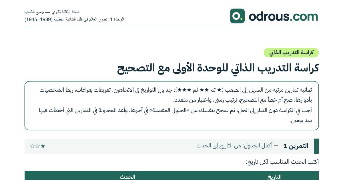 رأس الصفحة الأولى من كراسة تدريب ذاتي في تاريخ 3 ثانوي الوحدة الأولى مع التصحيح