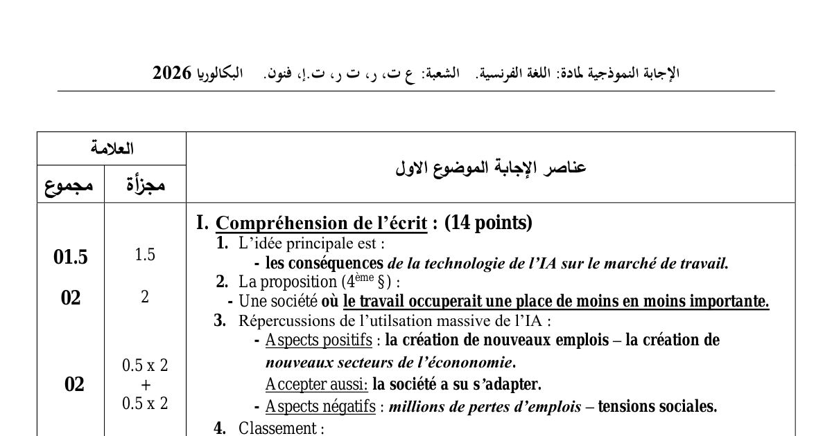 رأس الصفحة الأولى من تصحيح اختبار اللغة الفرنسية للسنة الثالثة ثانوي الشعب العلمية بكالوريا 2026 - الذكاء الاصطناعي واختطاف طائرة FLN