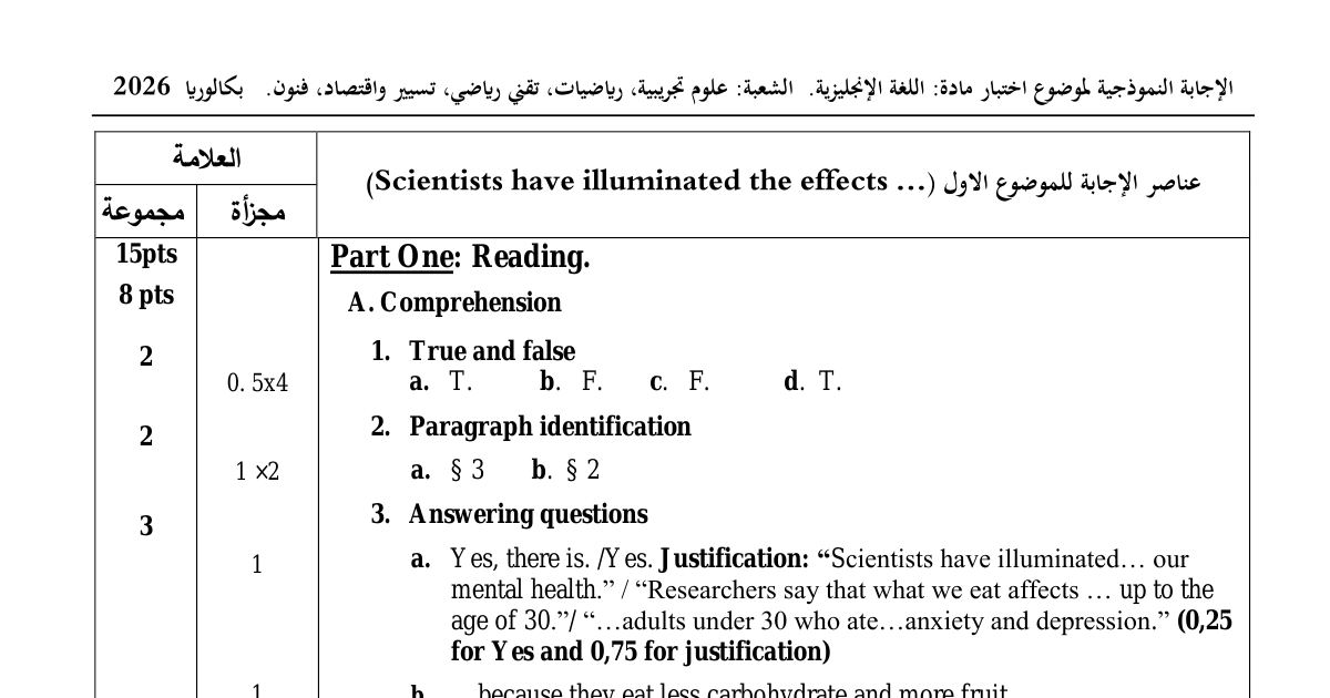رأس الصفحة الأولى من تصحيح اختبار اللغة الإنجليزية للسنة الثالثة ثانوي الشعب العلمية بكالوريا 2026 - الإجابة النموذجية للموضوعين الأول والثاني