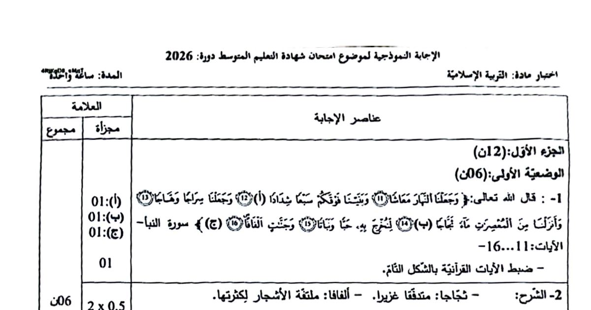 رأس الصفحة الأولى من حل موضوع التربية الإسلامية لشهادة التعليم المتوسط BEM 2026: سورة النبأ، شرح المفردات