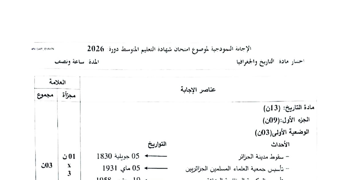 رأس الصفحة الأولى من حل موضوع التاريخ والجغرافيا لشهادة التعليم المتوسط BEM 2026: سقوط مدينة الجزائر، تأسيس الحكومة الجزائرية المؤقتة