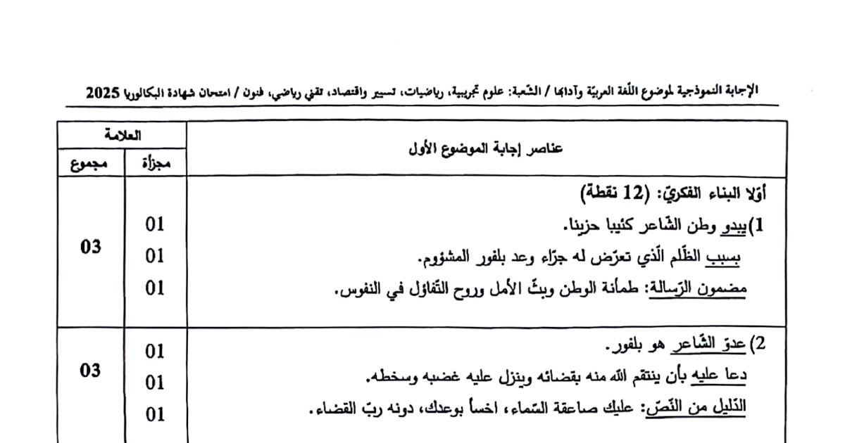 رأس الصفحة الأولى من تصحيح موضوع اللغة العربية بكالوريا 2025 للشعب العلمية
