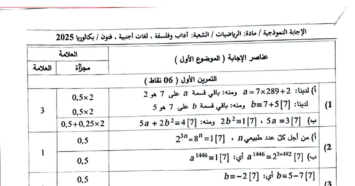 رأس الصفحة الأولى من تصحيح موضوع بكالوريا 2025 في الرياضيات للشعب آداب وفلسفة ولغات أجنبية وفنون