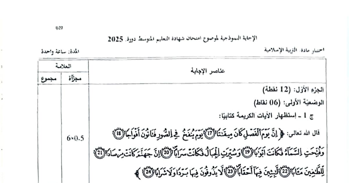 رأس الصفحة الأولى من حل موضوع التربية الإسلامية لشهادة التعليم المتوسط BEM 2025: سورة الحاقة، شرح المفردات