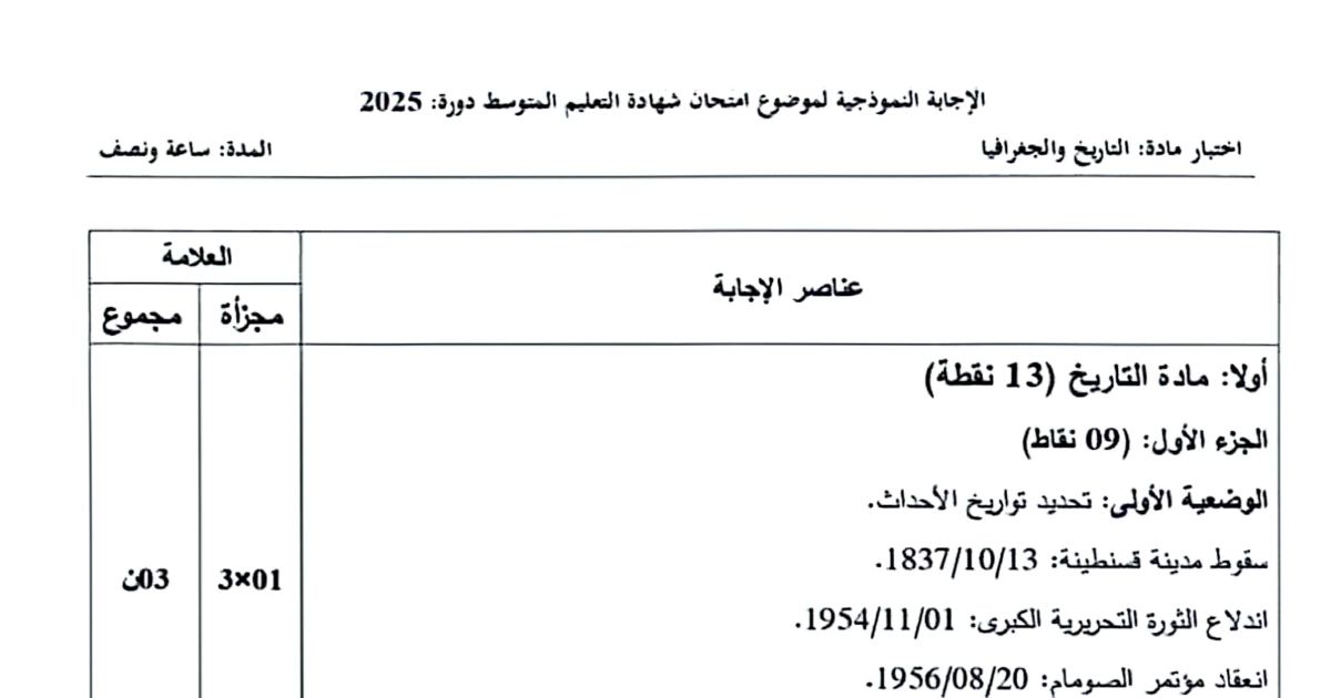رأس الصفحة الأولى من حل موضوع التاريخ والجغرافيا لشهادة التعليم المتوسط BEM 2025: سقوط مدينة قسنطينة، اندلاع الثورة التحريرية الكبرى