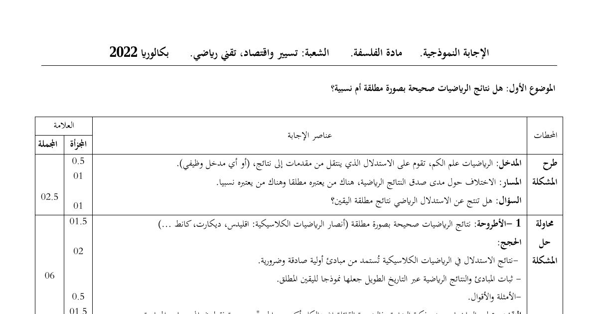 رأس الصفحة الأولى من حل موضوع الفلسفة بكالوريا 2022 شعبتي تقني رياضي وتسيير واقتصاد: أطروحة ونقيض مطلقية نتائج الرياضيات