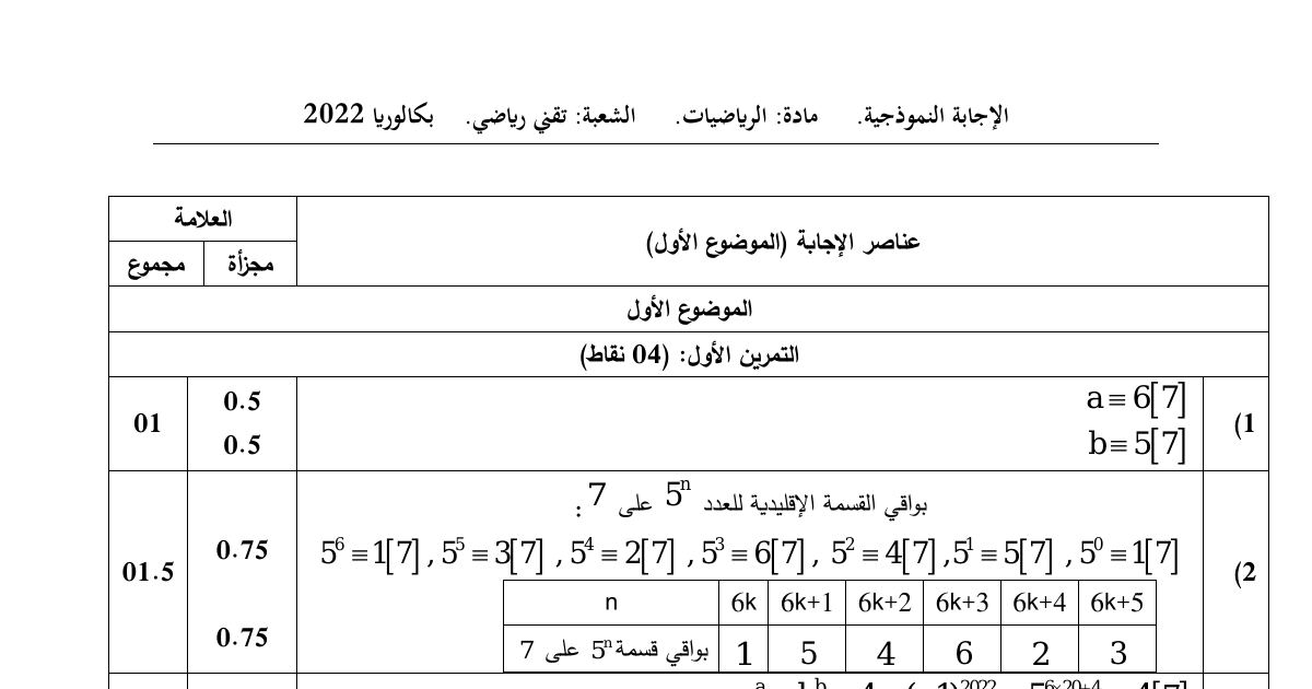 رأس الصفحة الأولى من حل موضوع الرياضيات بكالوريا 2022 شعبة تقني رياضي: القسمة الإقليدية وبواقي القسمة على 7، الأعداد المتتامة