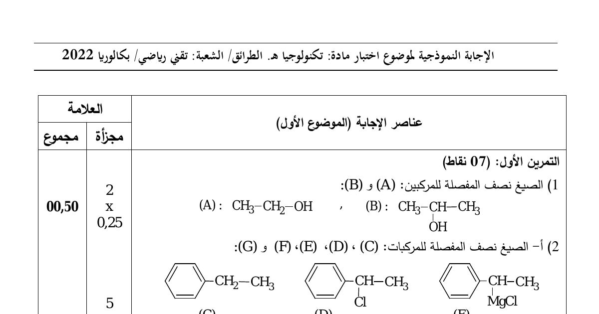 رأس الصفحة الأولى من حل موضوع هندسة الطرائق بكالوريا 2022 شعبة تقني رياضي: صيغ المركبات العضوية نصف المفصلة، البوليميرات