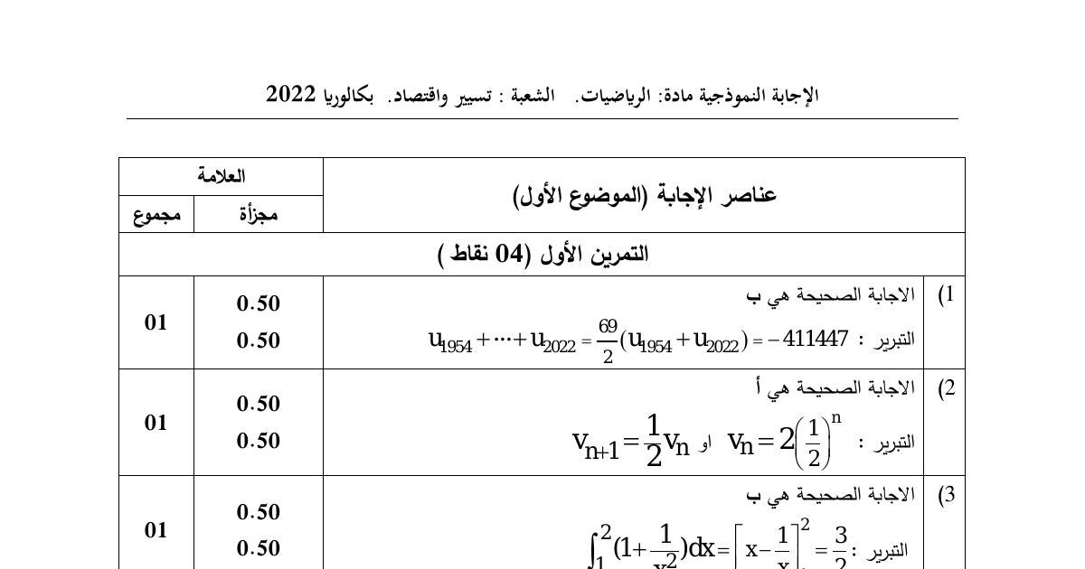رأس الصفحة الأولى من حل موضوع الرياضيات بكالوريا 2022 شعبة تسيير واقتصاد: المتتاليات الحسابية، المتتاليات الهندسية