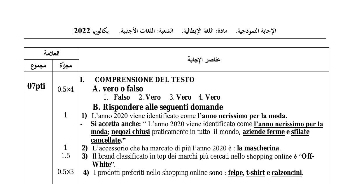 رأس الصفحة الأولى من حل موضوع اللغة الإيطالية بكالوريا 2022 شعبة لغات أجنبية: moda e shopping online، smartphone e adolescenti