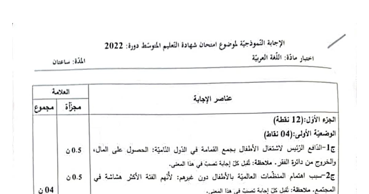 رأس الصفحة الأولى من حل موضوع اللغة العربية لشهادة التعليم المتوسط BEM 2022: فهم النص، إعراب المفردات والجمل