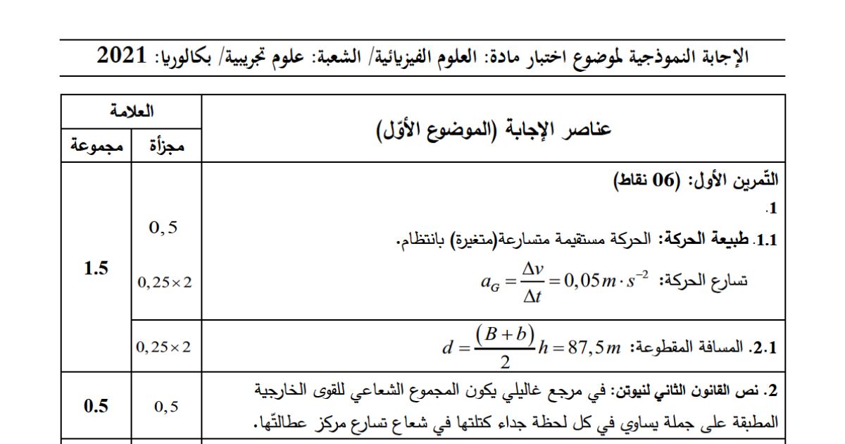 رأس الصفحة الأولى من حل موضوع العلوم الفيزيائية بكالوريا 2021 شعبة علوم تجريبية: النشاط الإشعاعي، زمن نصف العمر