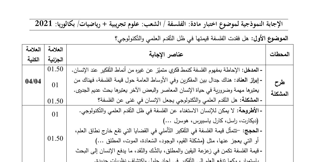 رأس الصفحة الأولى من حل موضوع الفلسفة بكالوريا 2021 شعبتي علوم تجريبية ورياضيات: طرح المشكلة ومحاولة حل المشكلة، أطروحة كلود برنار والفرضية