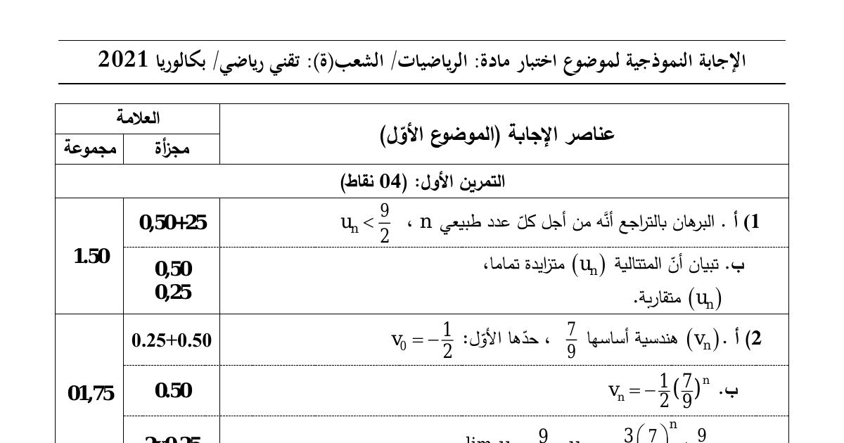 رأس الصفحة الأولى من حل موضوع الرياضيات بكالوريا 2021 شعبة تقني رياضي: المتتاليات العددية، النهايات