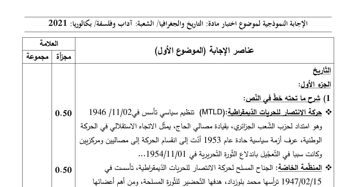 رأس الصفحة الأولى من حل موضوع التاريخ والجغرافيا بكالوريا 2021 شعبة آداب وفلسفة: حركة الانتصار للحريات الديمقراطية، المنظمة الخاصة
