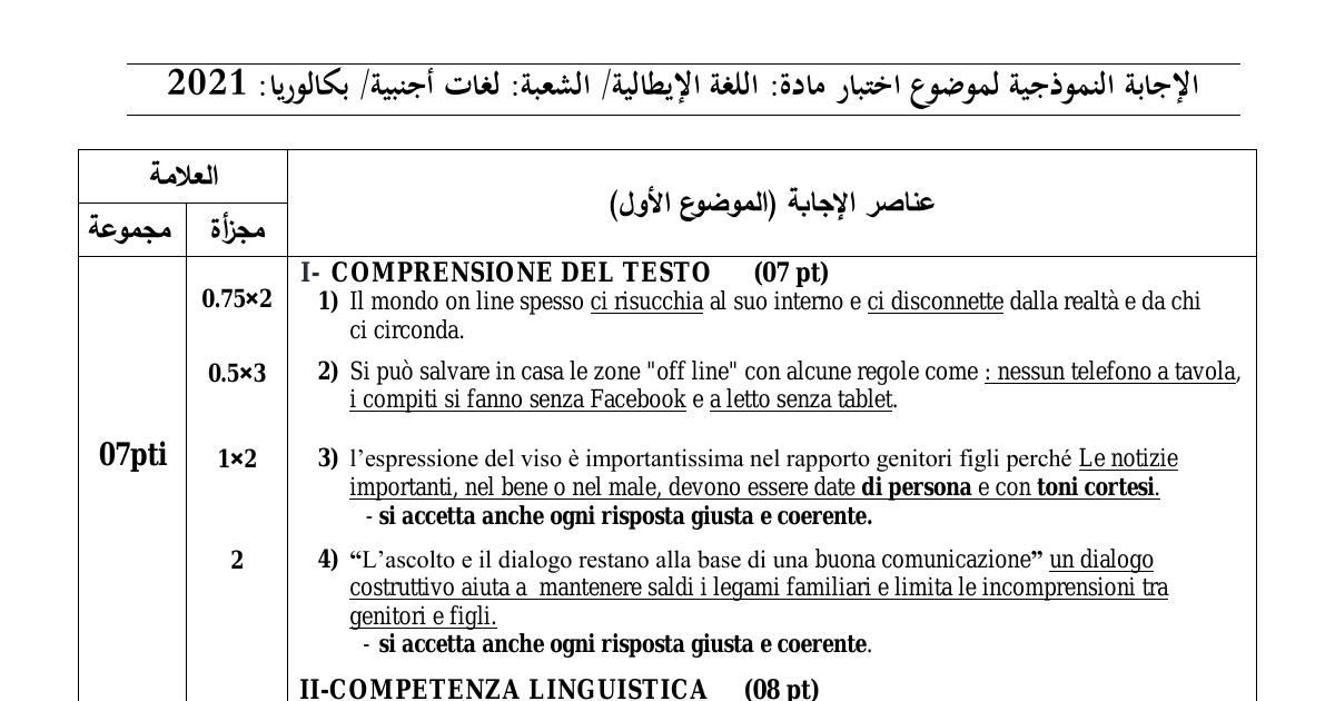 رأس الصفحة الأولى من حل موضوع اللغة الإيطالية بكالوريا 2021 شعبة لغات أجنبية: COMPRENSIONE DEL TESTO، COMPETENZA LINGUISTICA