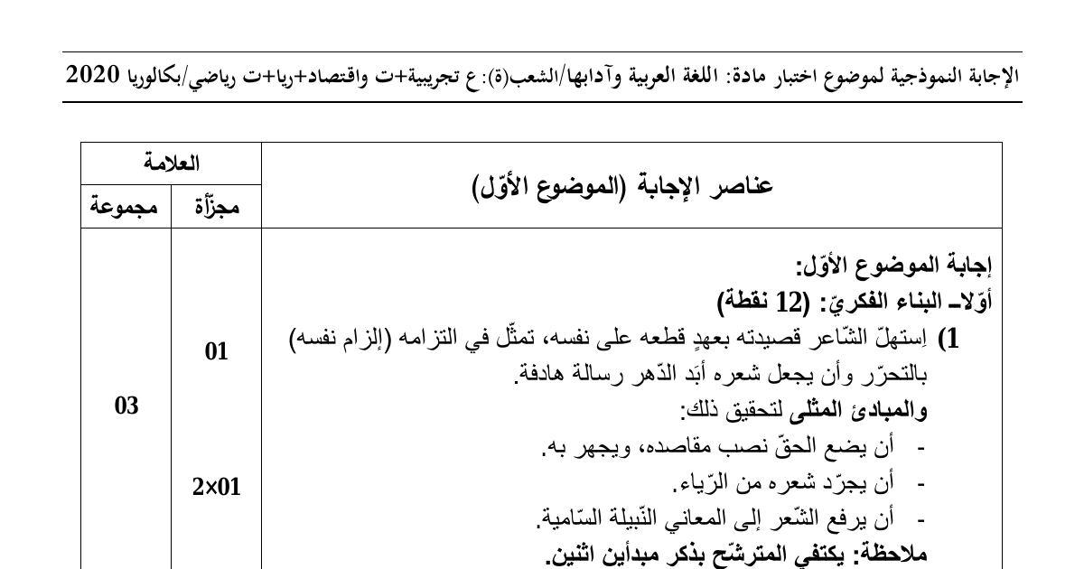 رأس الصفحة الأولى من حل موضوع اللغة العربية وآدابها بكالوريا 2020 الشعب العلمية وتسيير واقتصاد: قيم الحرية والصدق في قصيدة الرصافي، الاستعارة المكنية والتشبيه البليغ