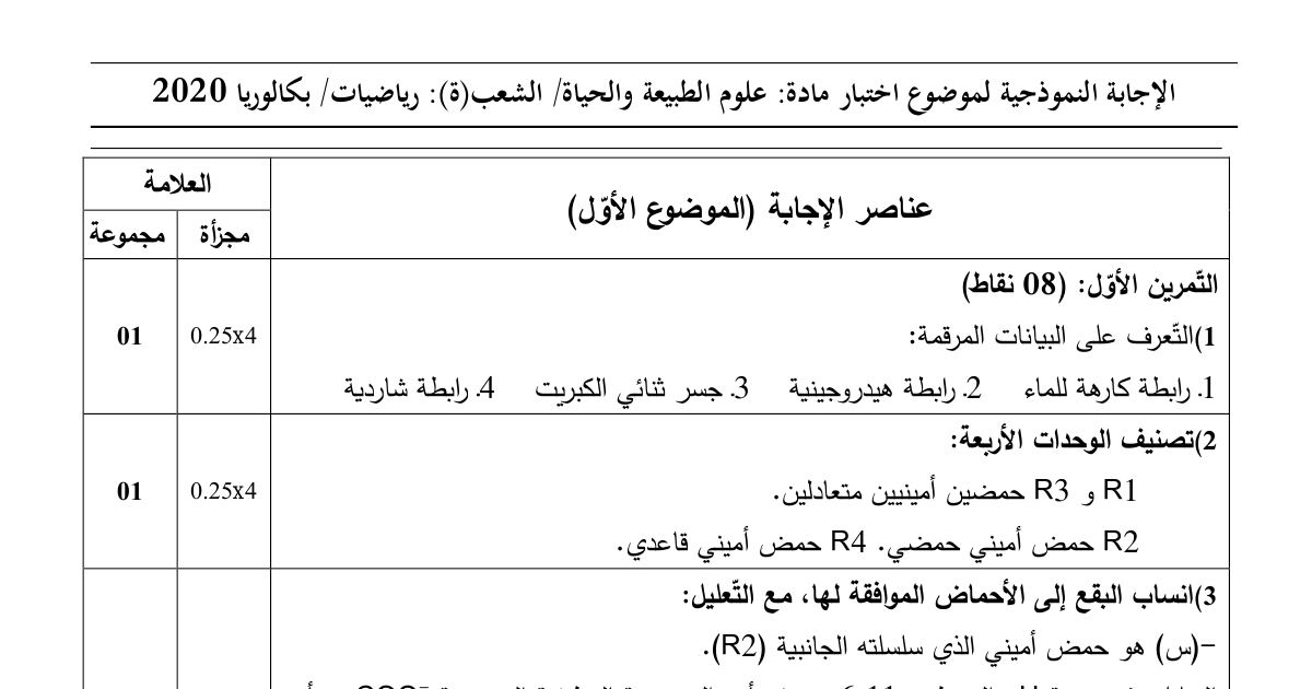 رأس الصفحة الأولى من حل موضوع علوم الطبيعة والحياة بكالوريا 2020 شعبة رياضيات: الأحماض الأمينية والروابط الشاردية، البنية الفراغية للبروتين