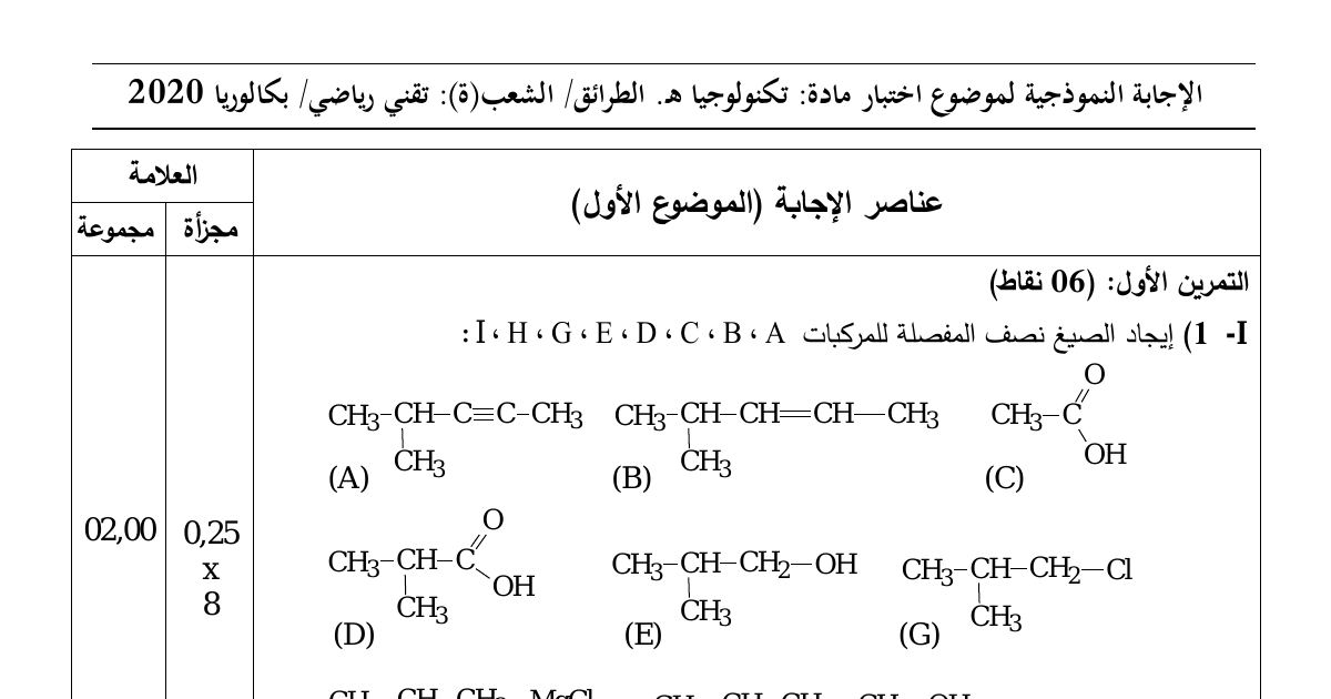 رأس الصفحة الأولى من حل موضوع هندسة الطرائق بكالوريا 2020 شعبة تقني رياضي: الصيغ نصف المفصلة، البلمرة بالتكاثف