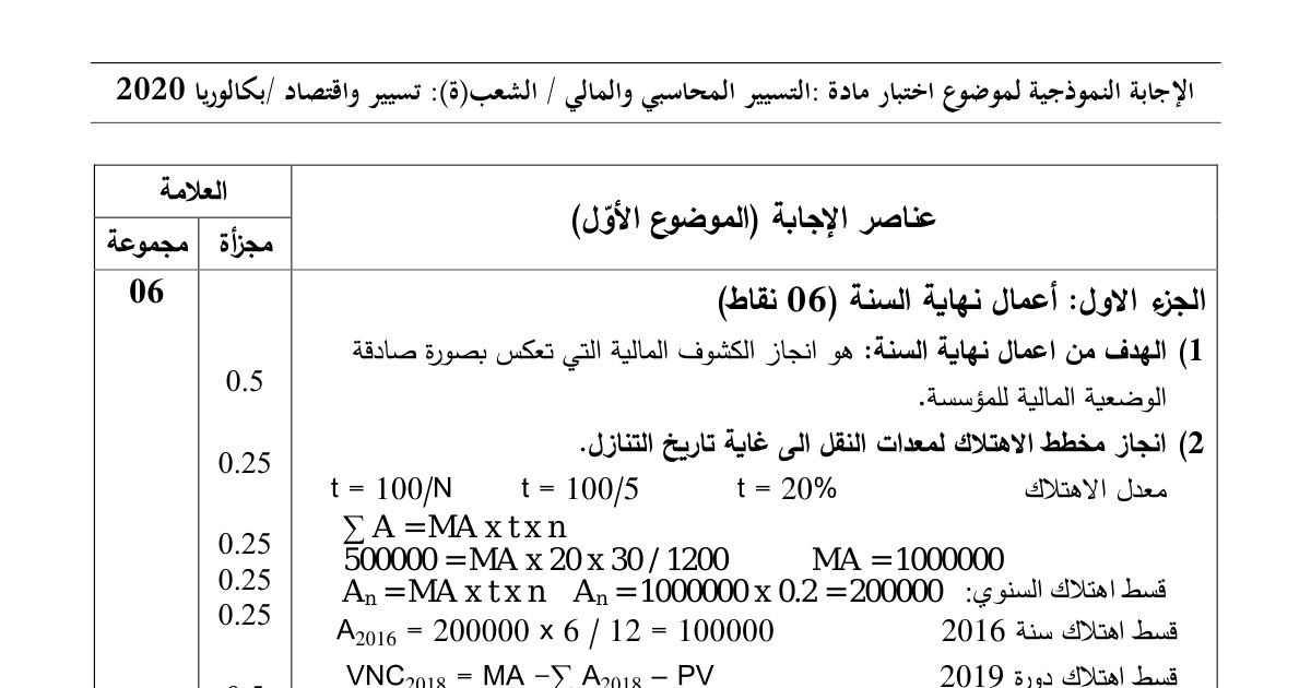 رأس الصفحة الأولى من حل موضوع التسيير المحاسبي والمالي بكالوريا 2020 شعبة تسيير واقتصاد: أعمال نهاية السنة، مخطط الاهتلاك