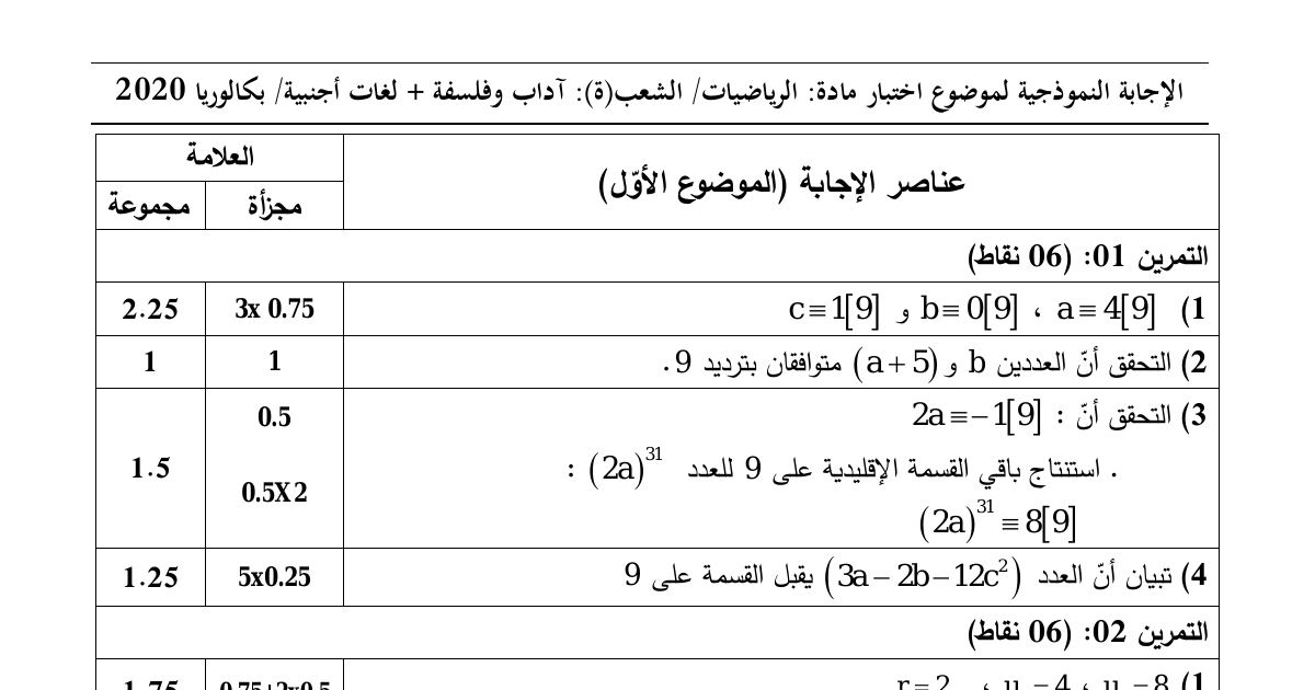رأس الصفحة الأولى من حل موضوع الرياضيات بكالوريا 2020 شعبتي آداب وفلسفة ولغات أجنبية: القسمة الإقليدية والتوافق بترديد 9، المتتالية الحسابية