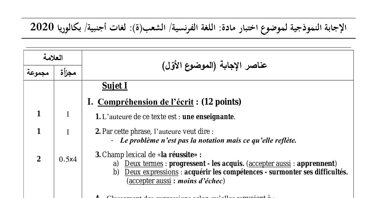 رأس الصفحة الأولى من حل موضوع اللغة الفرنسية بكالوريا 2020 شعبة لغات أجنبية: champ lexical de la réussite، compte rendu critique