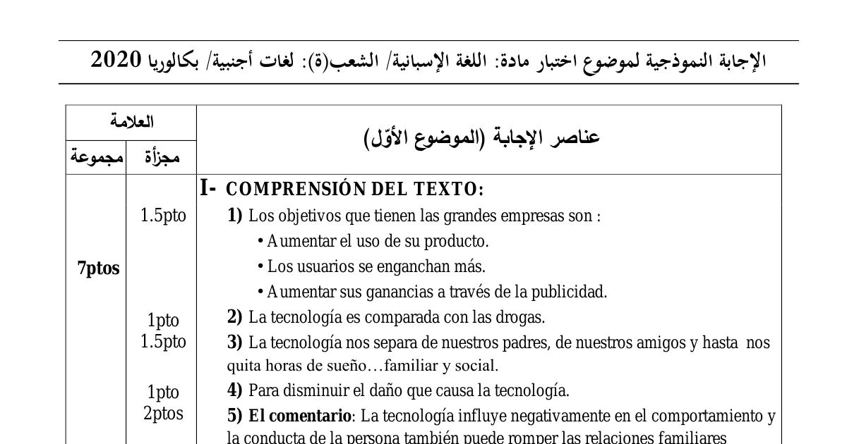 رأس الصفحة الأولى من حل موضوع اللغة الإسبانية بكالوريا 2020 شعبة لغات أجنبية: فهم المكتوب، المفردات والمتضادات