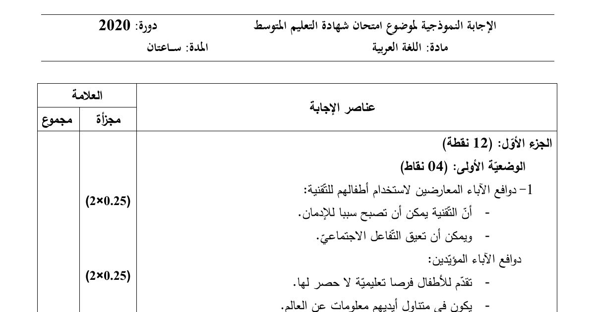 رأس الصفحة الأولى من حل موضوع اللغة العربية لشهادة التعليم المتوسط BEM 2020: دواﻓﻊ الآباء المعارضين والمؤيدين، تلخيص فكرة النص العامة