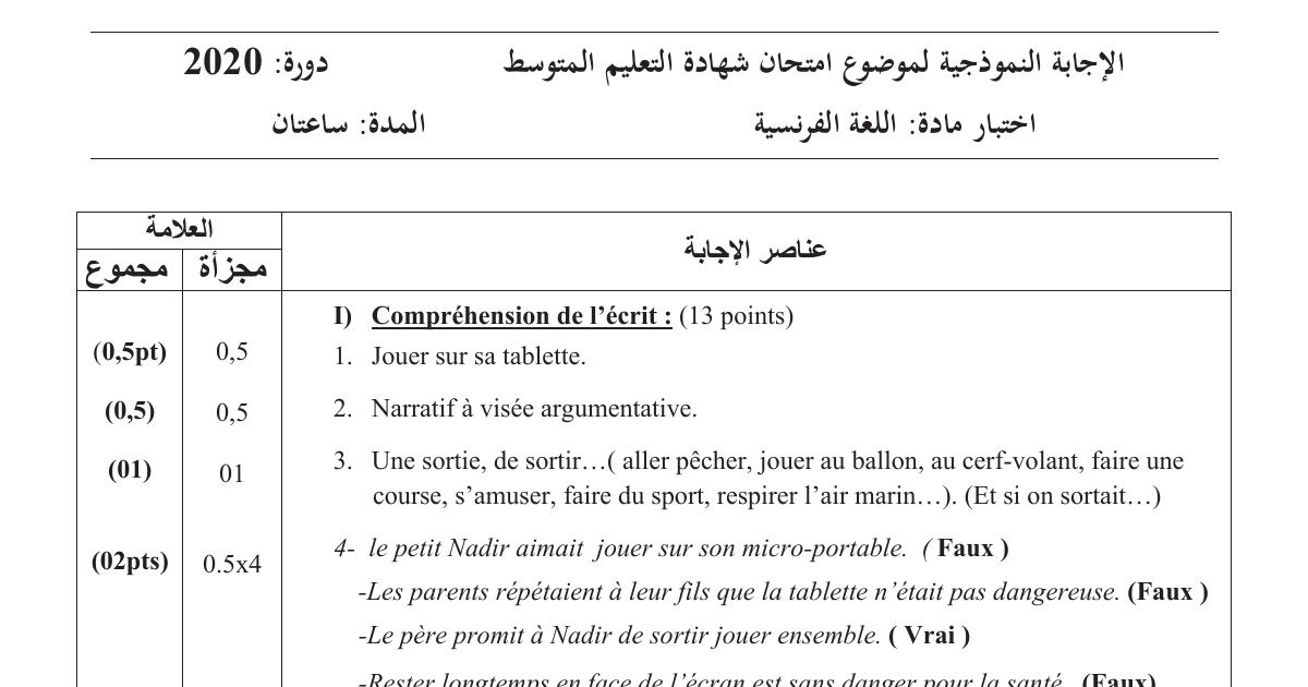 رأس الصفحة الأولى من حل موضوع اللغة الفرنسية لشهادة التعليم المتوسط BEM 2020: فهم المكتوب، استعمال التابلت والصحة