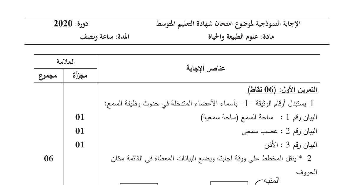 رأس الصفحة الأولى من حل موضوع علوم الطبيعة والحياة لشهادة التعليم المتوسط BEM 2020: العضو الحسي والمنبه، المسار الحسي