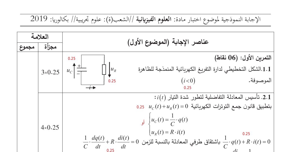رأس الصفحة الأولى من حل موضوع العلوم الفيزيائية بكالوريا 2019 شعبة علوم تجريبية: قواعد الحماية من البرق، قوة الأحماض الضعيفة والقوية