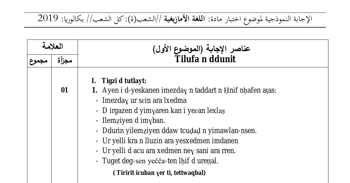 رأس الصفحة الأولى من حل موضوع اللغة الأمازيغية بكالوريا 2019 جميع الشعب: فهم قصة تيلوفا ن ددونيت، جدول صيغ الأفعال